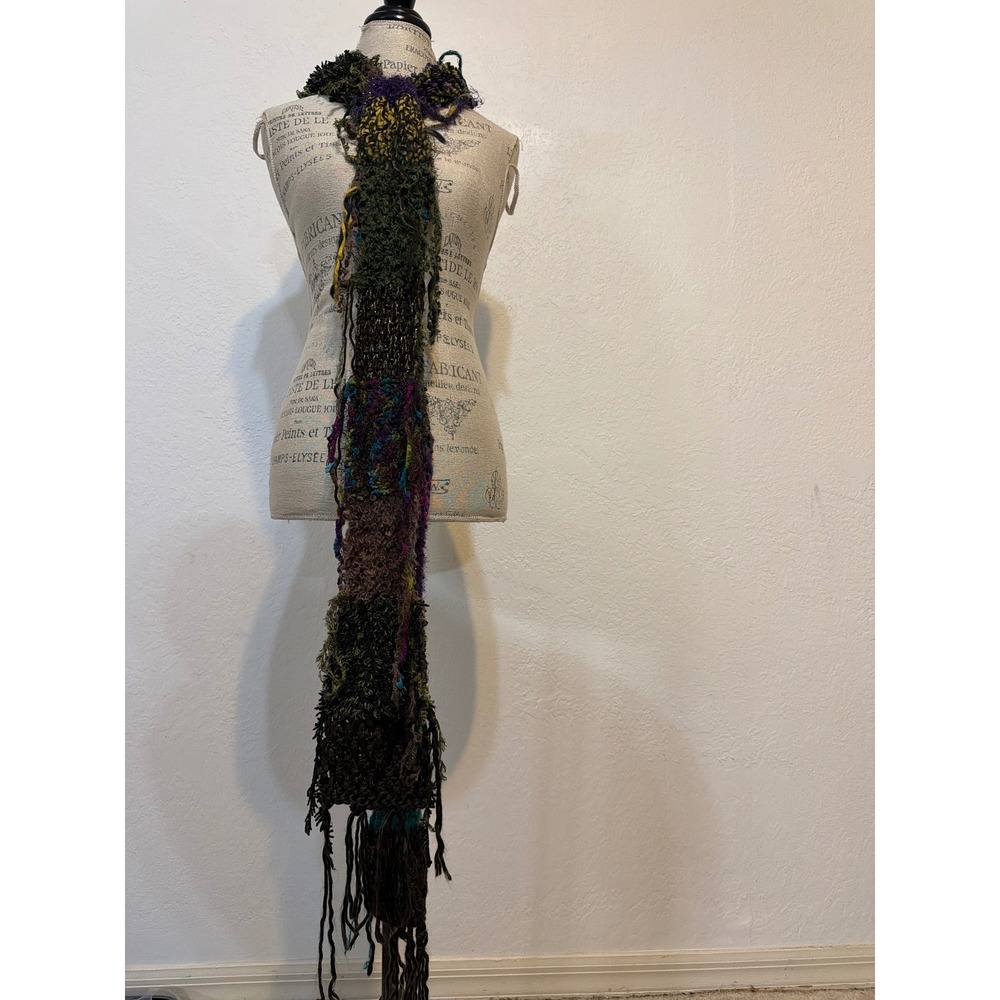 Steve Madden Mixed Media Knit Scarf Patchwork Metallic Sequin Boho Fringe Multi